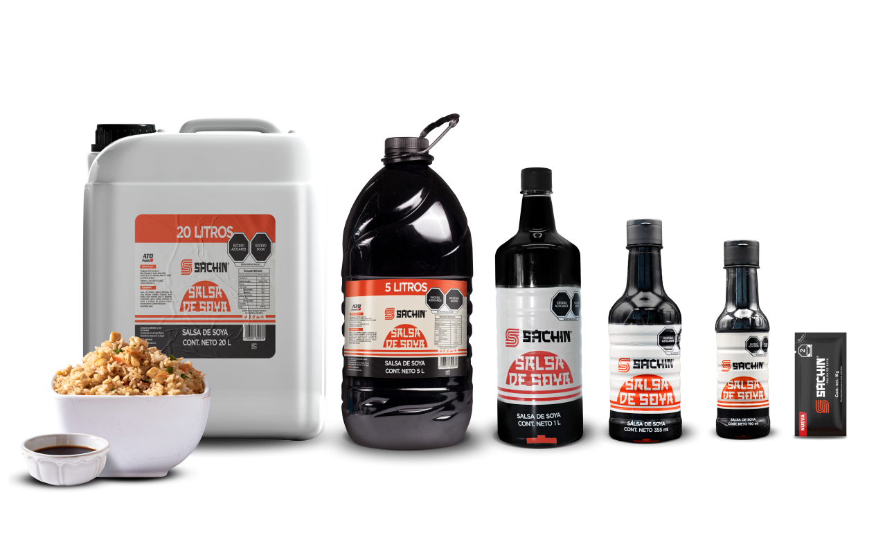 Salsa de soya Sachin ATO Foods en envases de 20L, 5L, 1L, 355ml, 190ml y sobre individual